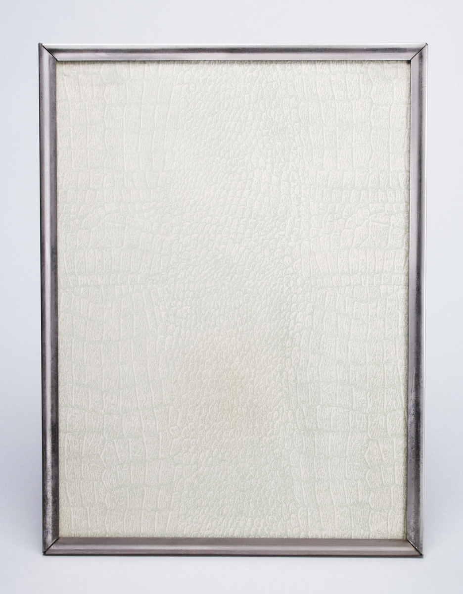 Fotografiram. Rektangulär, med glas inom enkel, smal, grå metallram. Bakstycke av papp med enkelt fotstöd. På framsidan, bakom glaset, pålimmat, krokodilmönstrat grått papper.