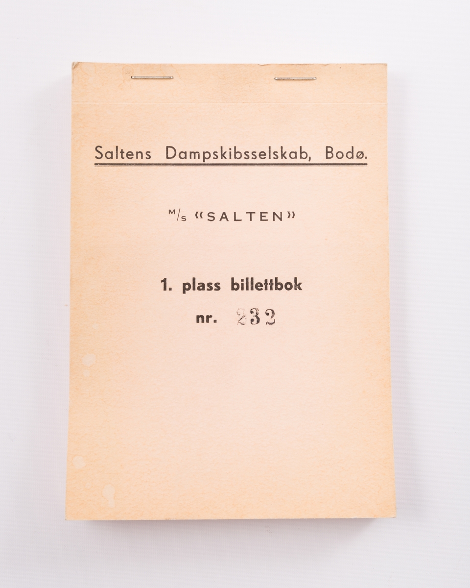 Billettbok til M/S "Salten" for billetter til 1. klasse med Saltens Dampskibsselskab, Bodø.