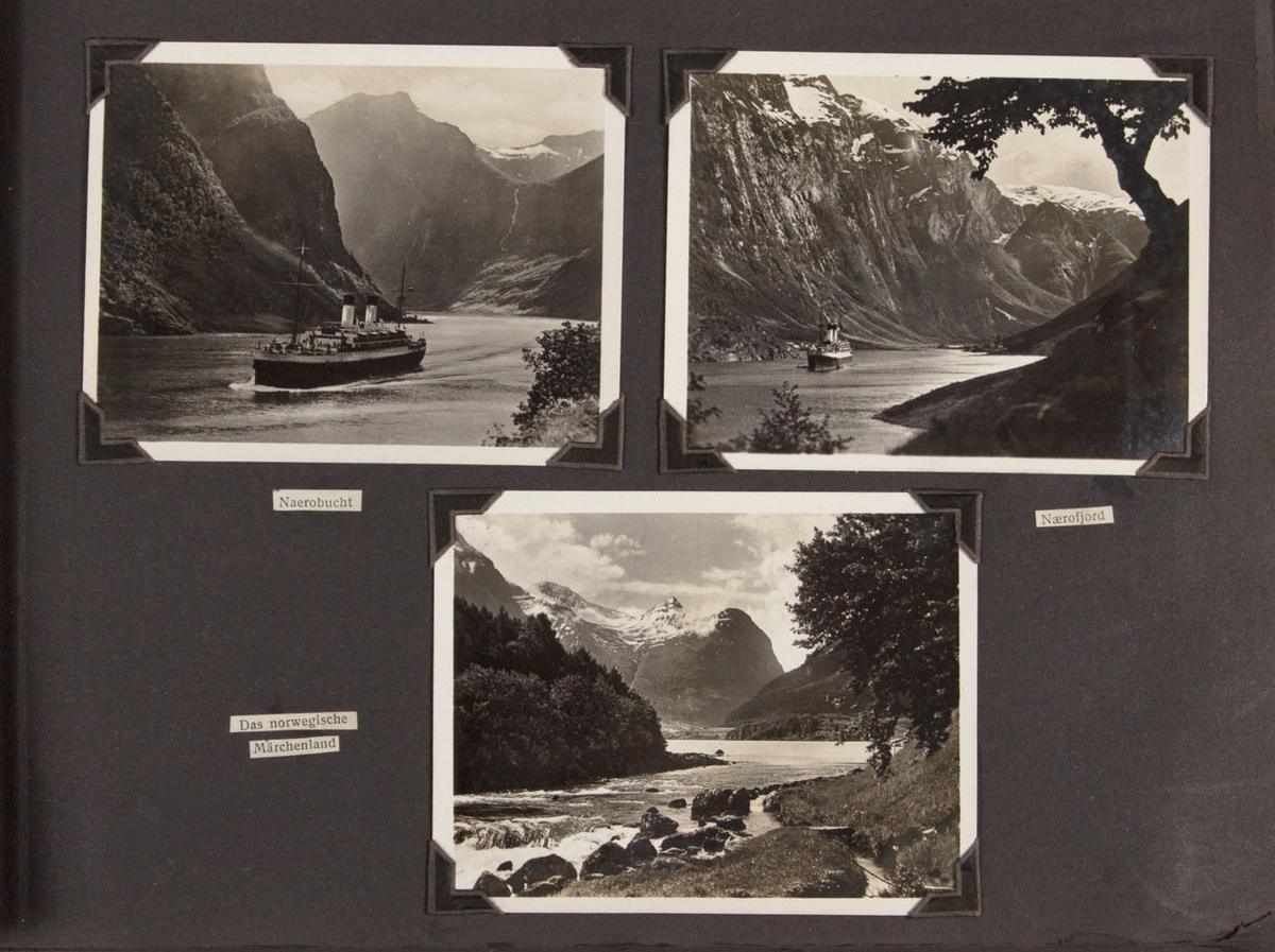Albumside med tre foto, tatt fra MONTE SARMIENTO. Utsikt mot Nærøyfjorden.