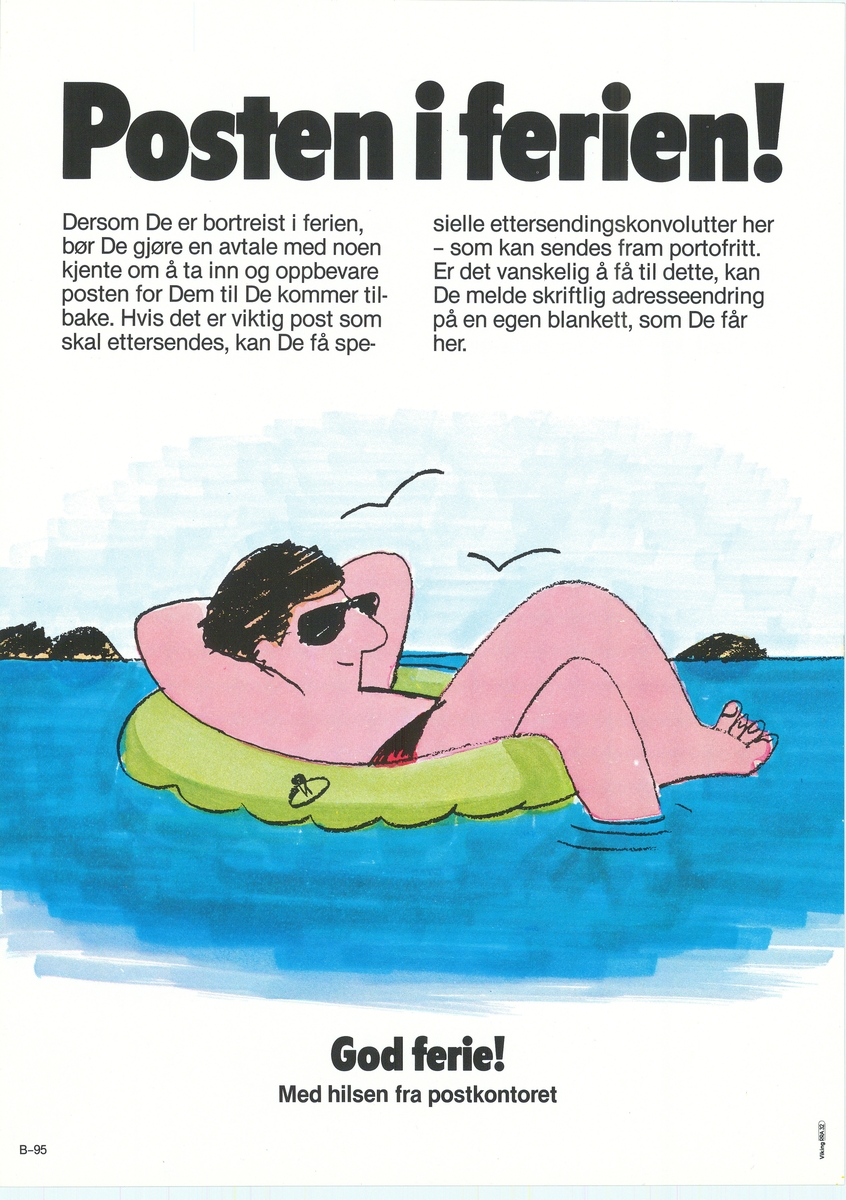 Tosidig plakat med tekst på bokmål og nynorsk på hver sin side. Lik utforming på begge sider med tegnet motiv og tekst.
