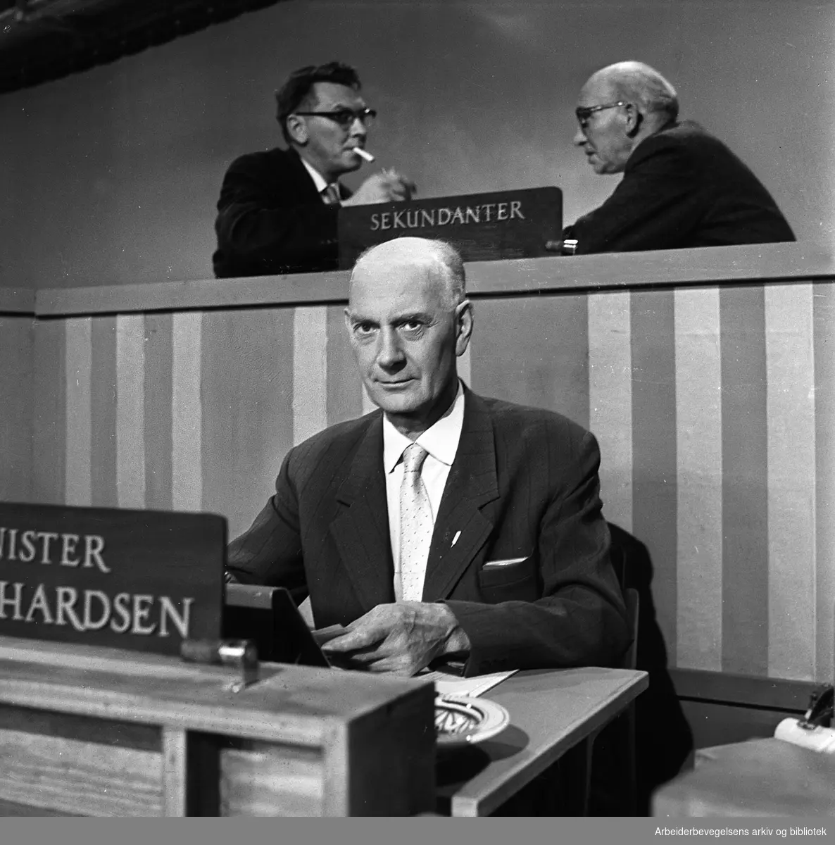 Einar Gerhardsen. Valgdebatt i radio og fjernsyn i valgkampen foran stortingsvalget september 1961.