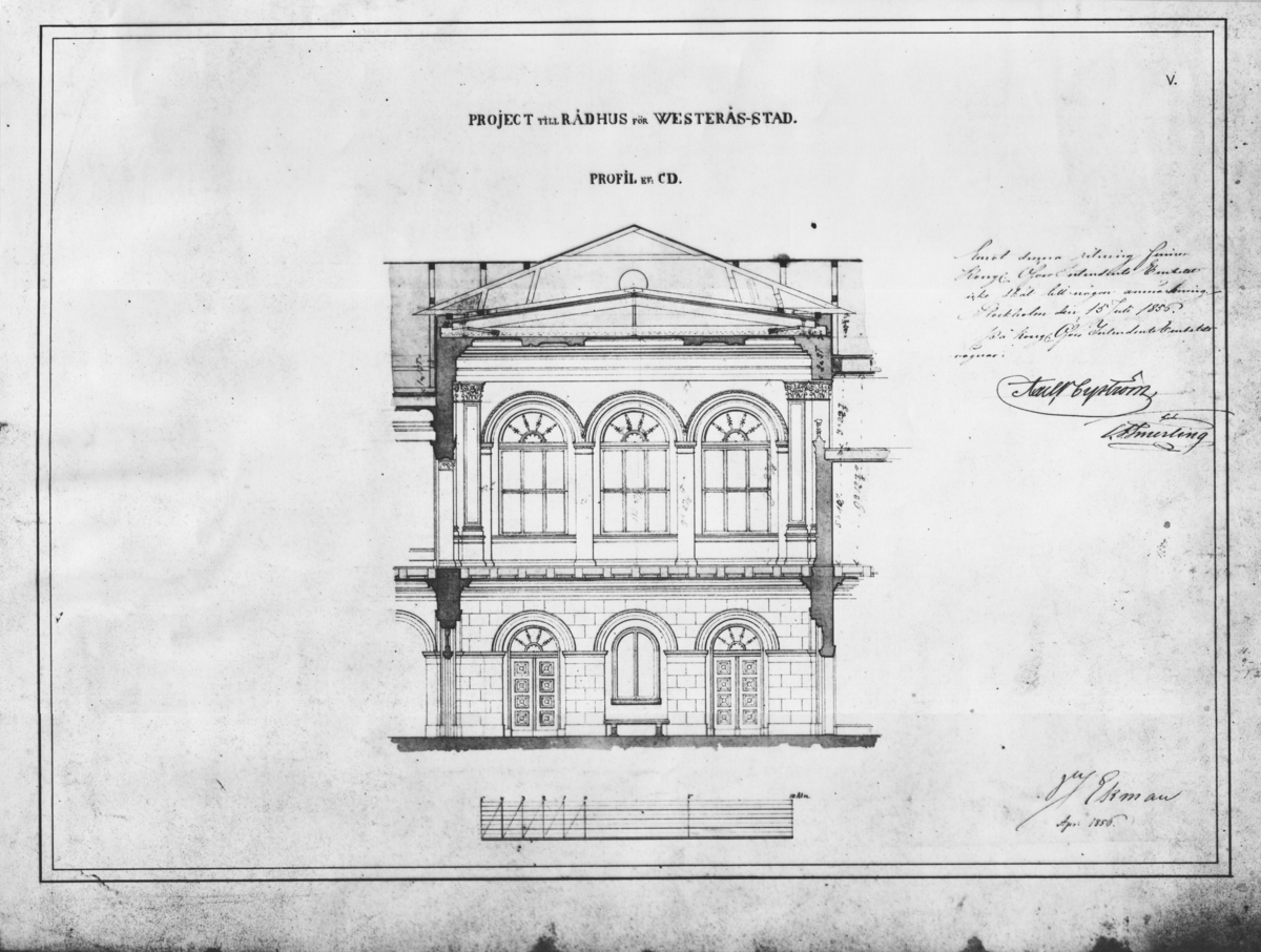 Ritningar Västerås rådhus upprättade år 1855-1856, profil. Se ...