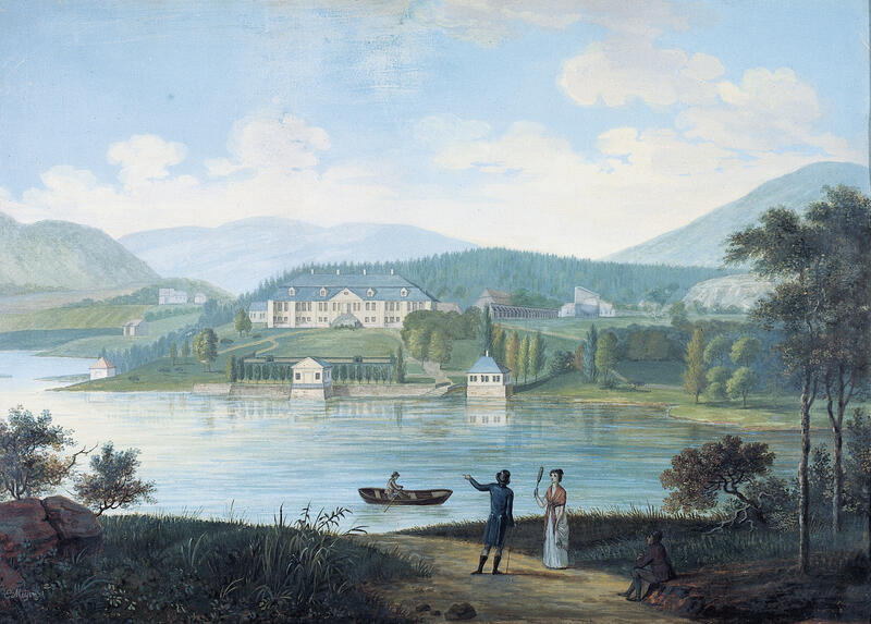 Et maleri av Bogstad gård med Bogstadvannet foran