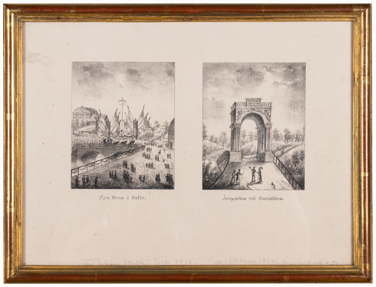 Mångfaldigat tryck med två motiv: Nya bron i Gefle respektive Äreport vid Gustafsbro. Bilderna utförda till minne av kung Karl XIV Johans besök i Gävle 1819.