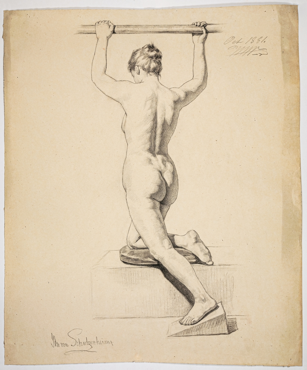 Modellstudie av naken kvinna med ryggen mot betraktaren. Signerad Ida von Schulzenheim. Övrig påskrift: Oct 1881 WW.