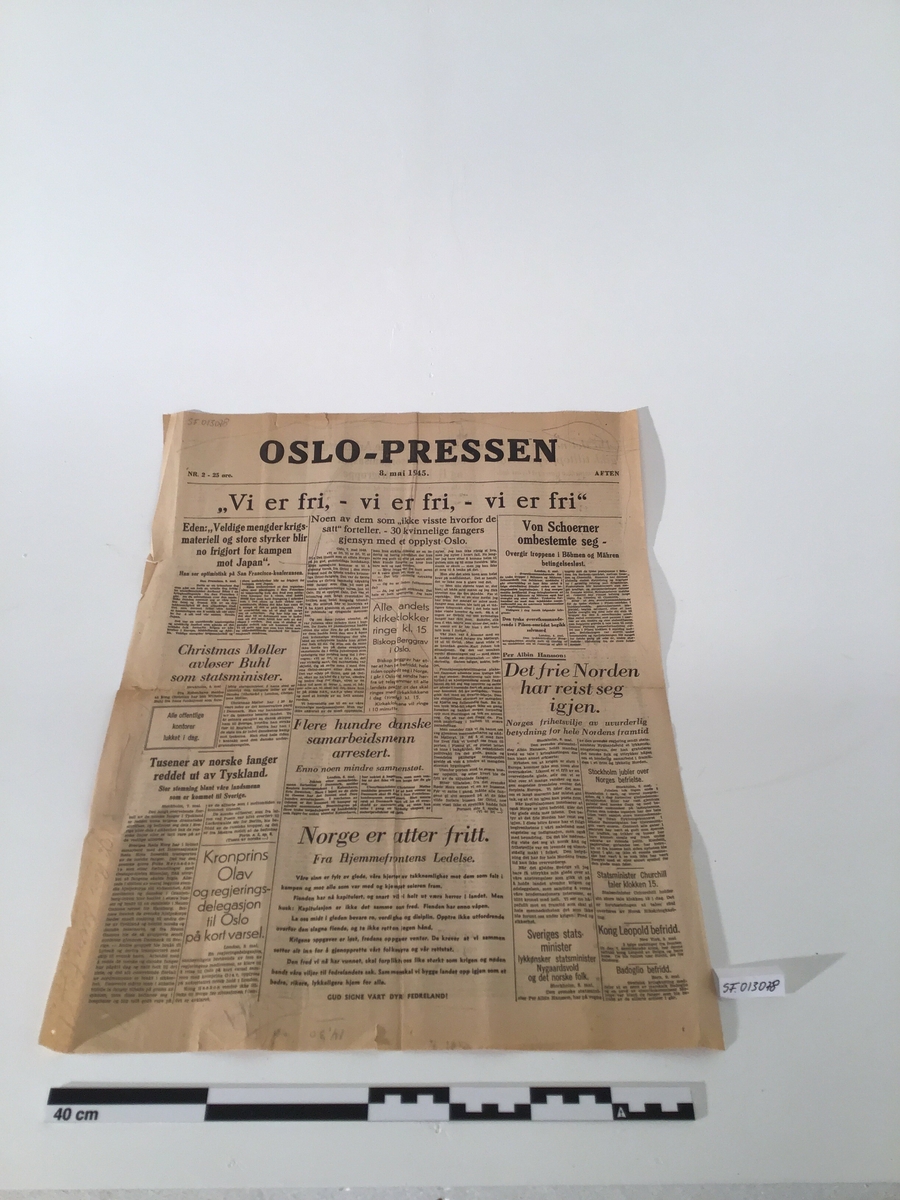 Avis fra frigjøringsdagen etter andre verdenskrig
Fellesavis som ble utgitt i Oslo i de fem første frigjøringsdagene i mai 1945, 2 sider
