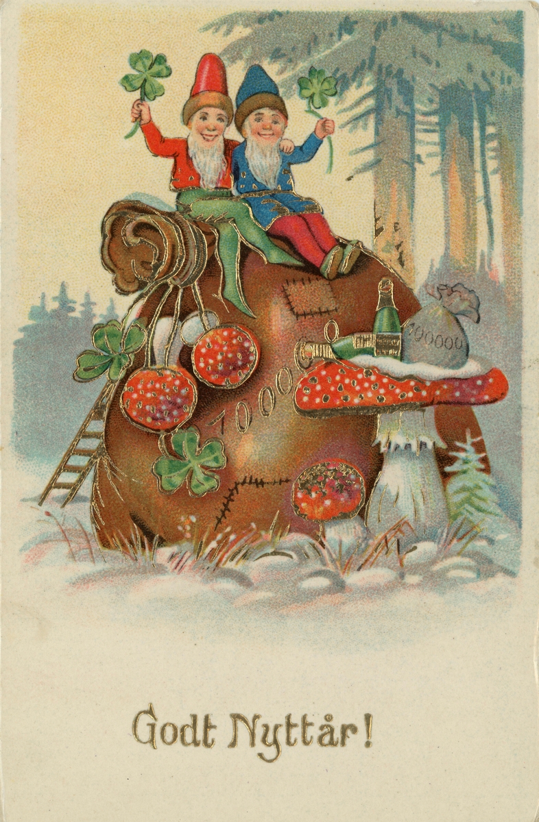 Postkort med tegning/ maleri av gnomer(leprechaun) i vinterlandskap.