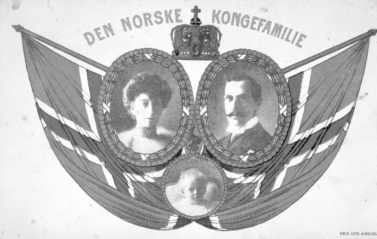 Postkort med Dronning Maud, Kong Haakon og  kronprins Olav.