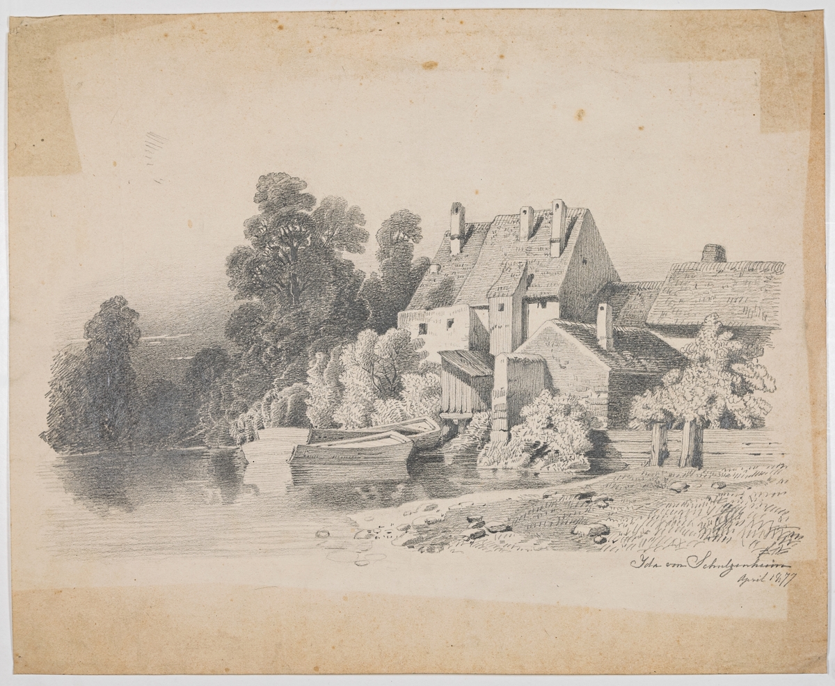 Teckning på papper, föreställande äldre byggnader vid vattendrag. Signerad Ida von Schulzenheim April 1877.