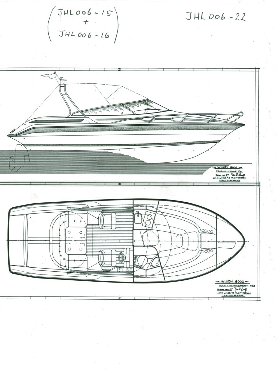 Windy 8000. Cabin cruiser. Profil og plan arr. Outboard/inboard 330hk Merruiser V8 :: Volvo Aq 271 DP 279hk. 0,3 tonn