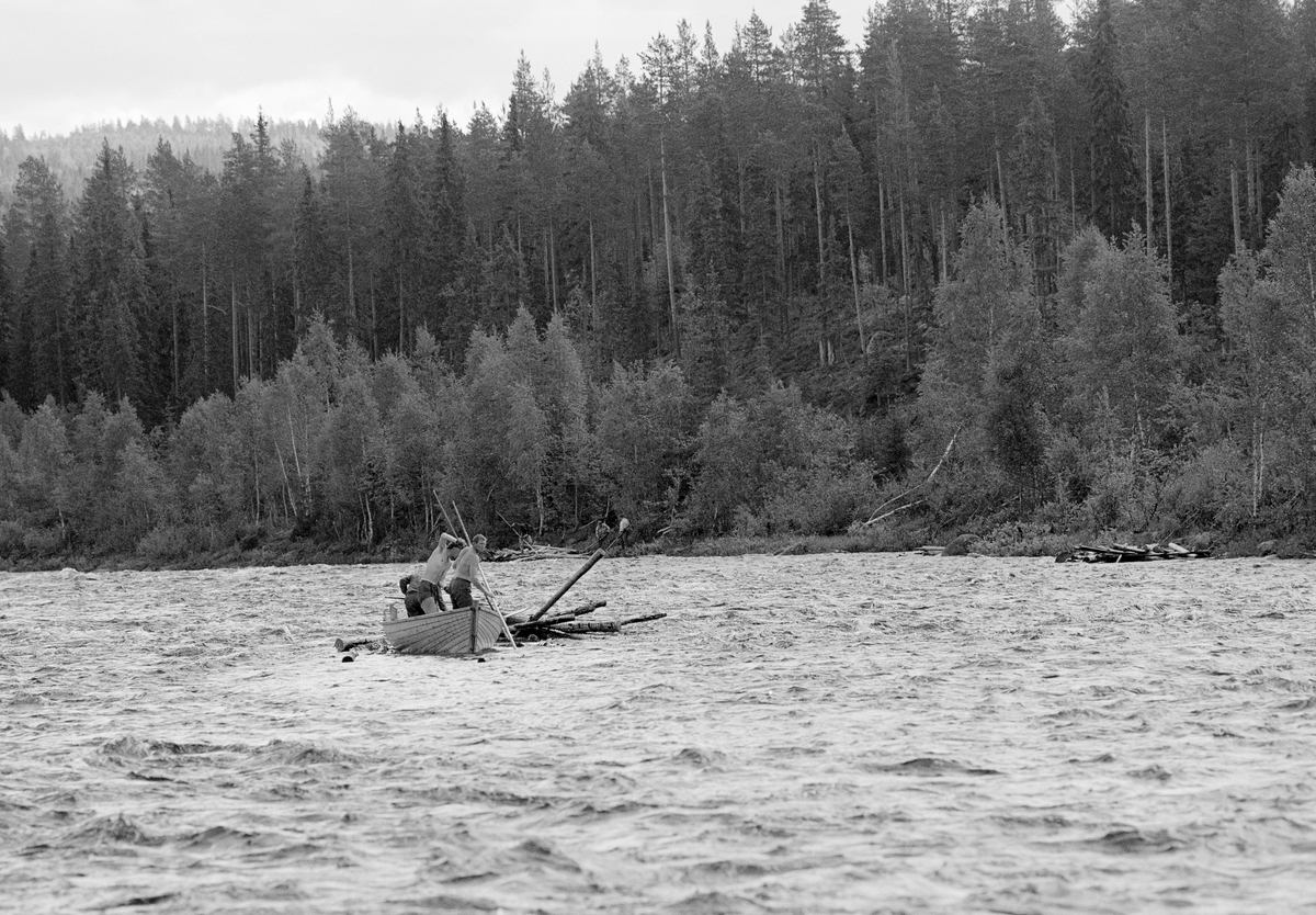 Sluttrensk i elva Stor-Grøna i Trysil, Hedmark. Fløtere på veg ned elva i båt.