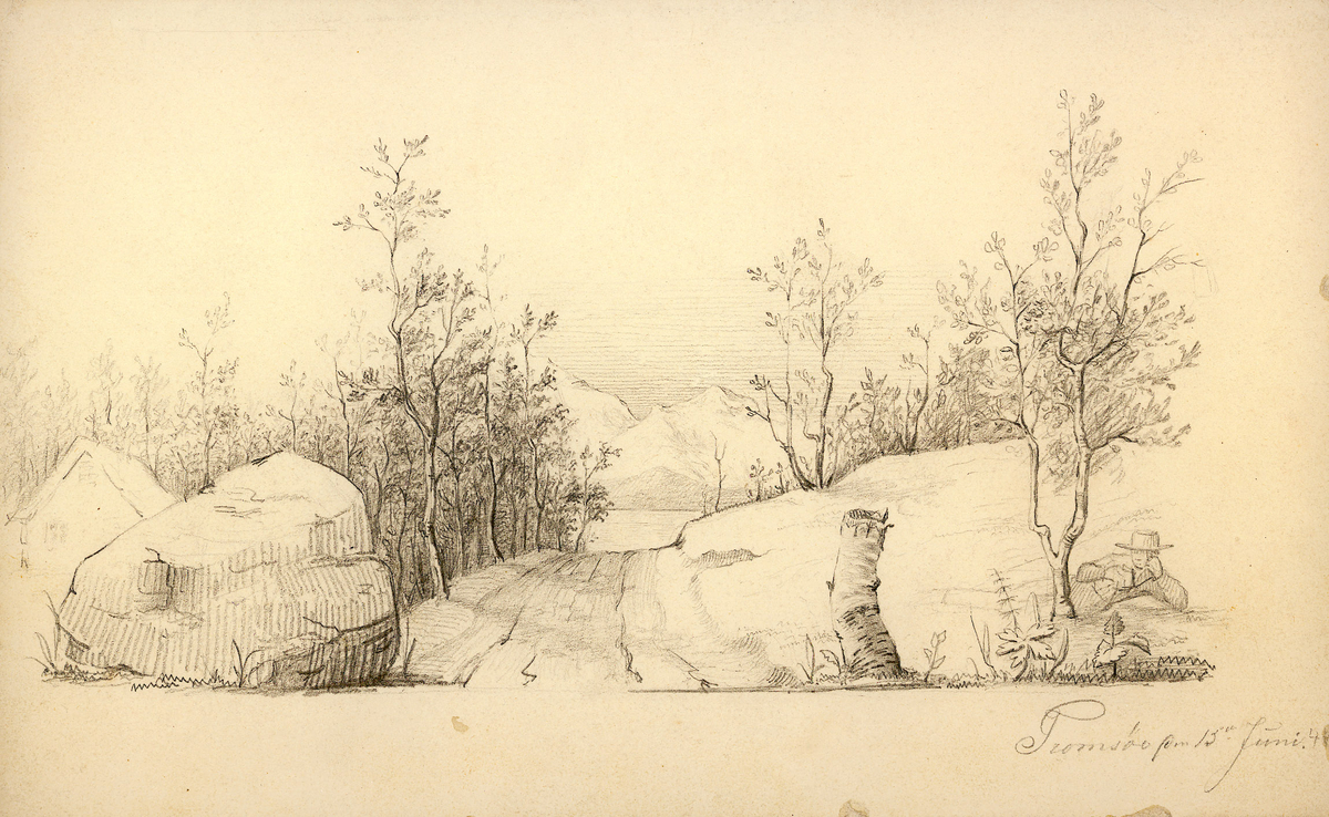 Landskap med et hus delvis skjult bak stor sten. En vei går innover midt i bildet mot vann med fjell i bakgrunnen. Til høyre ligger en mann på siden i gresset.