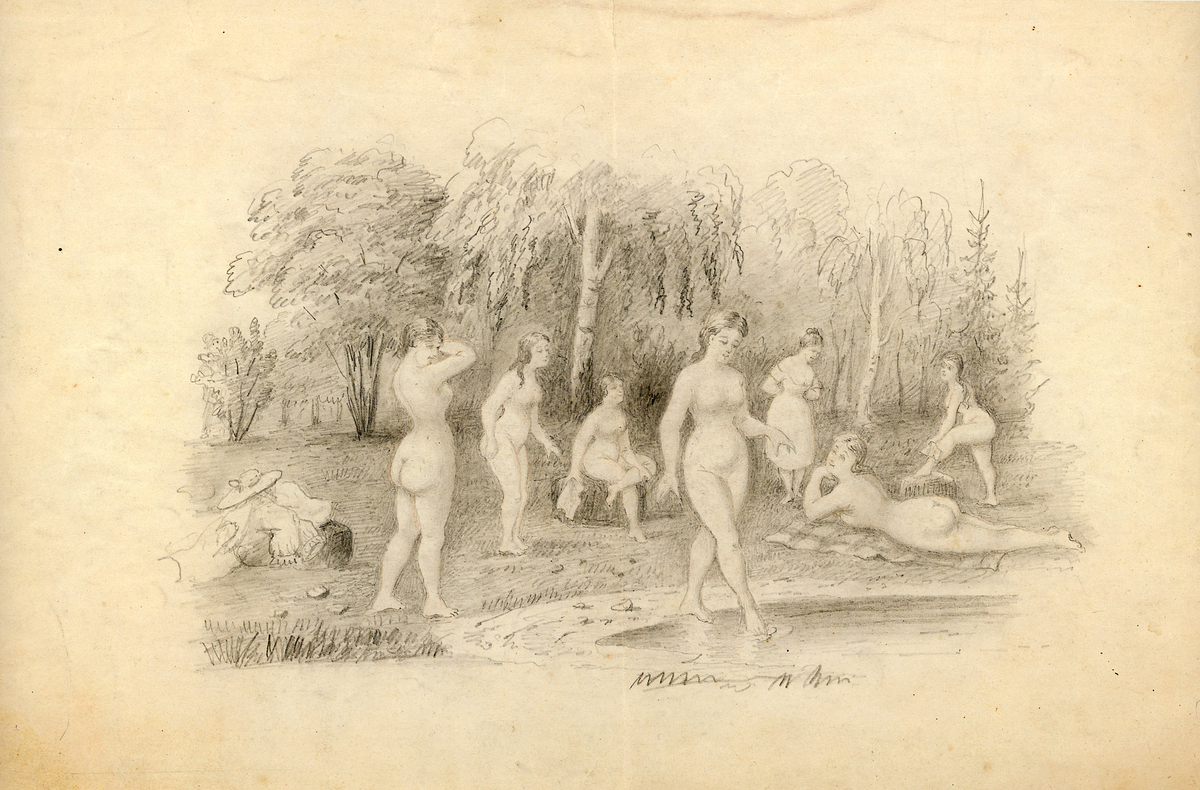 nakne kvinner ved vannkanten, skog, strand, nymfer