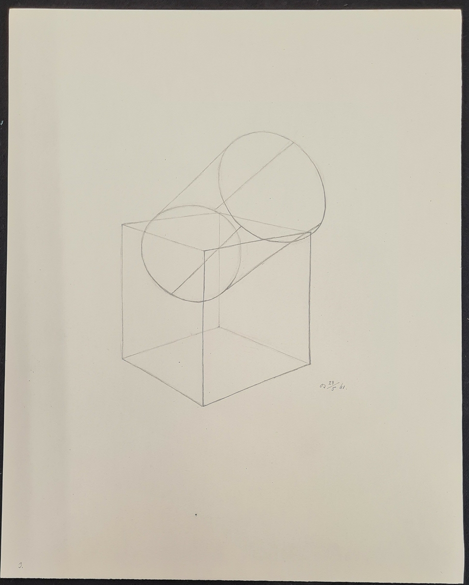 Teckning av F. A. Zettergren. En teckningsstudie av en cylinder i en kub. Daterad 28/5 1861.