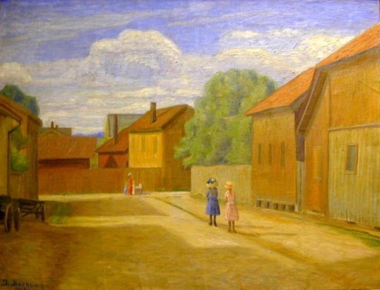 Gateparti med bygninger og barn
