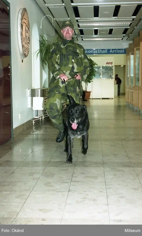 Utbildning inför utlandstjänst.

Soldat och hund, ankomst på flygplats.