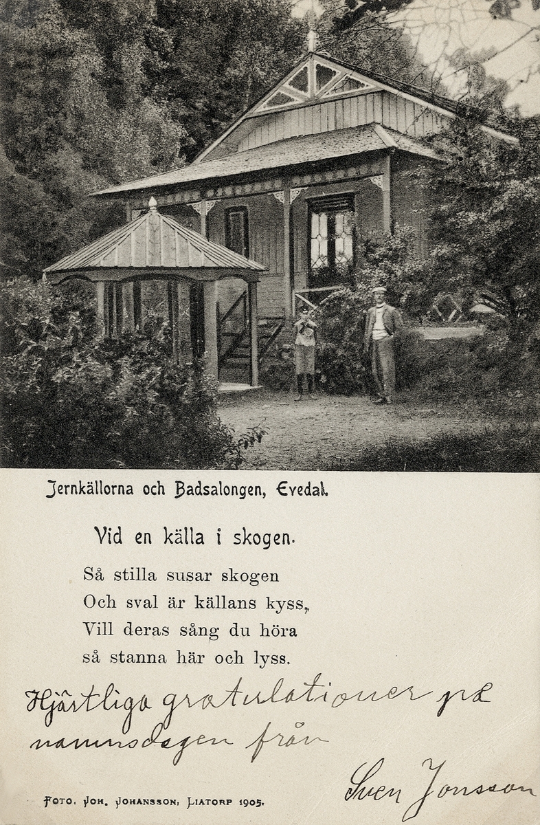 Järnkällorna och badsalongen på Evedals hälsobrunn, med (anonym) dikt, 1905.