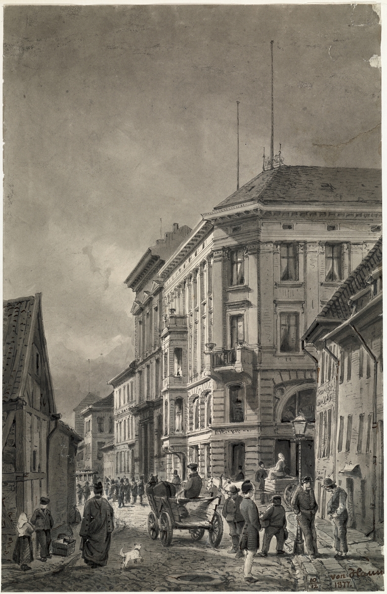 Hkørnegården midt på bildet er Stortogret nr. 8. Midt i gata i forgrunnen kjører en høyvogn. På hjørnet av Grensen sitter en kone på en kjerre med en hvit hest foran.
