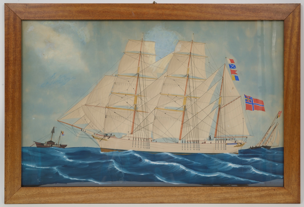Rektangulær. Seilskip, 3-master, hvit, fulle seil, flagg; bak krysser mindre båt, foran ligger båten "West Hinder".
