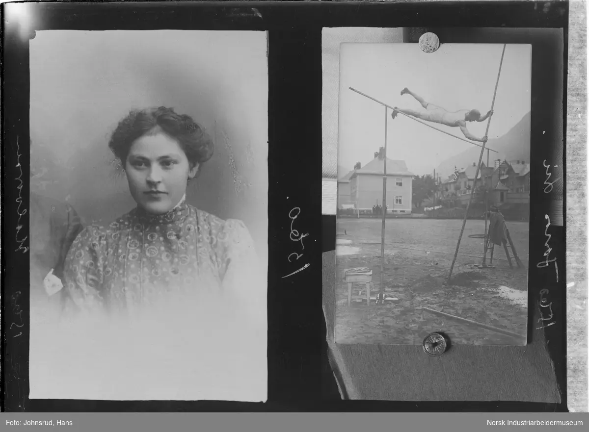 Dobbelbilde. Til venstre et protrett av kvinne med etternavn Halvorsen. Til høyre et bilde av en Jonas Lie midt i stavsprang.