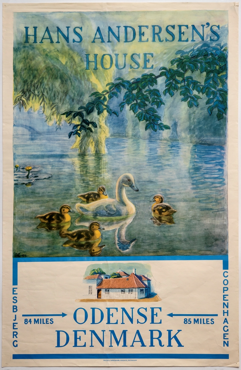 Gjengivelse av en akvarell som fremstiller en dam med en and og fire andunger. Under akvarellen er det en avbildning av et gatehjørne med et bindingsverkshus (H. C. Andersens barndomshjem, som nå er museum).