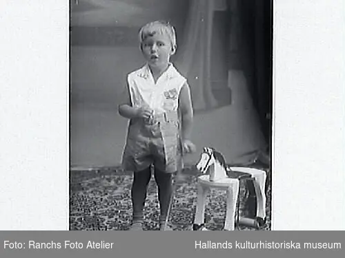 Ateljebild. Tre fotografier av en pojke med trehjuling och leksakshäst. Artur Ekman beställde bilden och är troligen pojkens far.