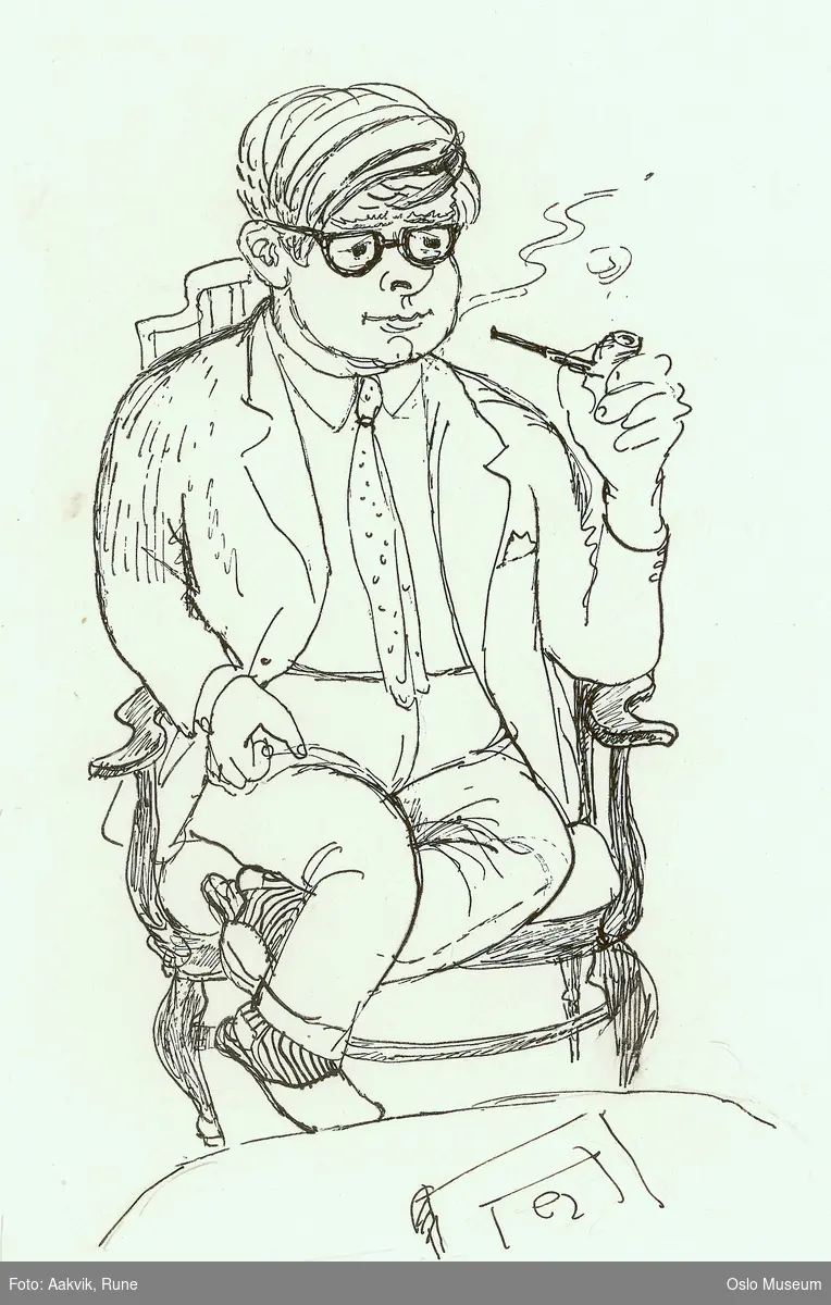 karikatur, mann, sittende helfigur, pipe, stol, briller