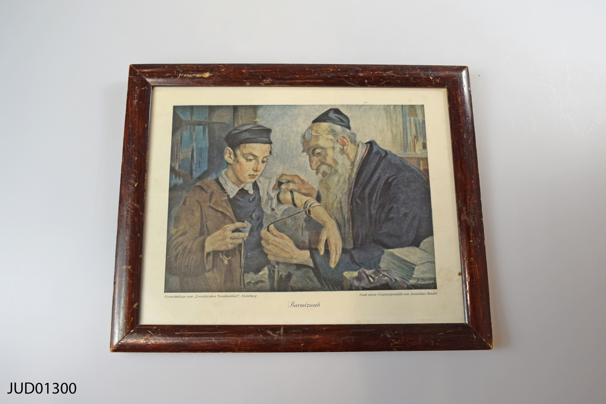 Liten inramad bild på två män som lägger tefillin, text på tyska.