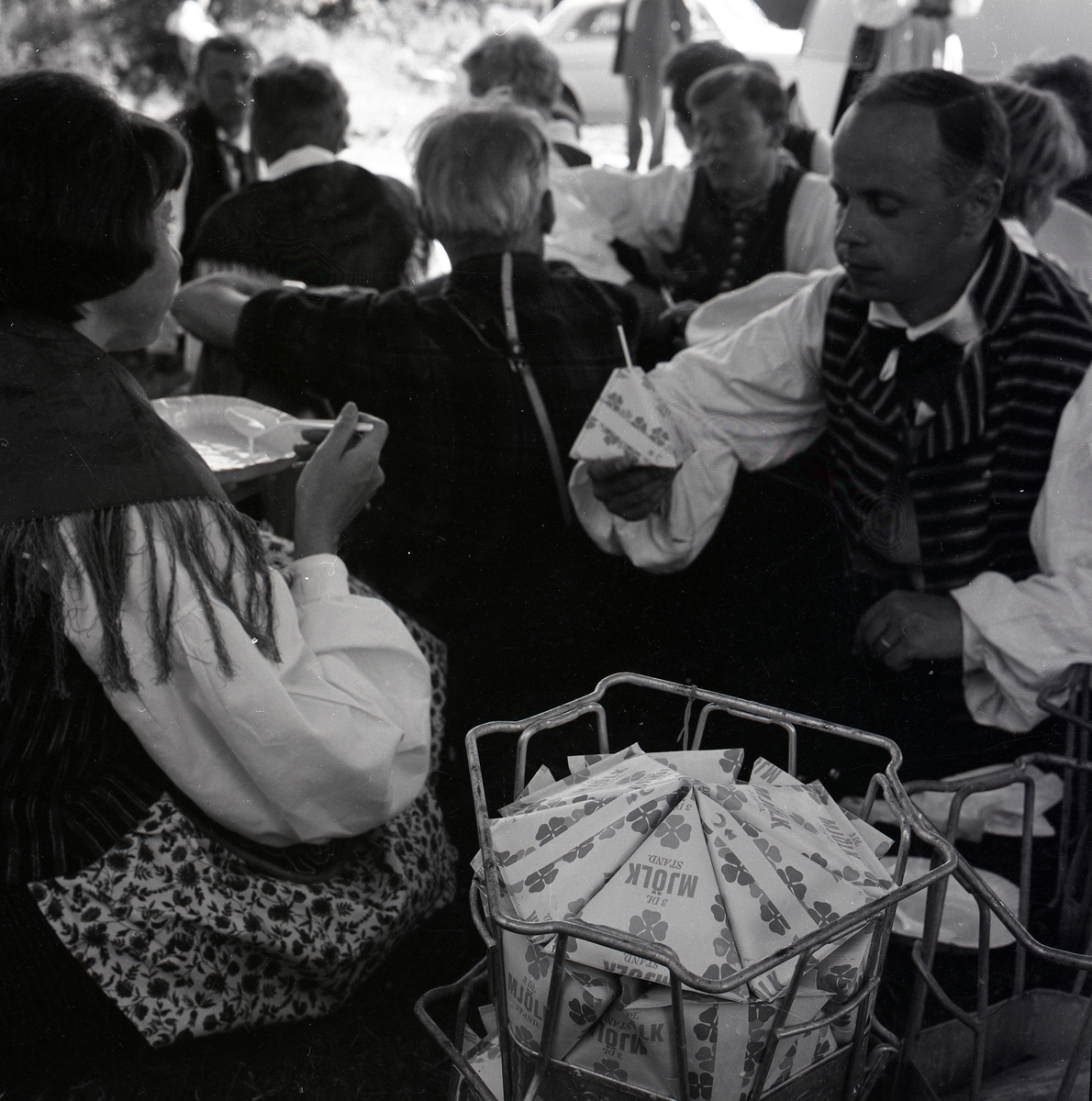 Under en paus i hälsingehambon sitter dansparen i skuggan och äter och dricker, Hårga - Järvsö 1967. Där står hållare av metall med trekantiga mjölktetror.