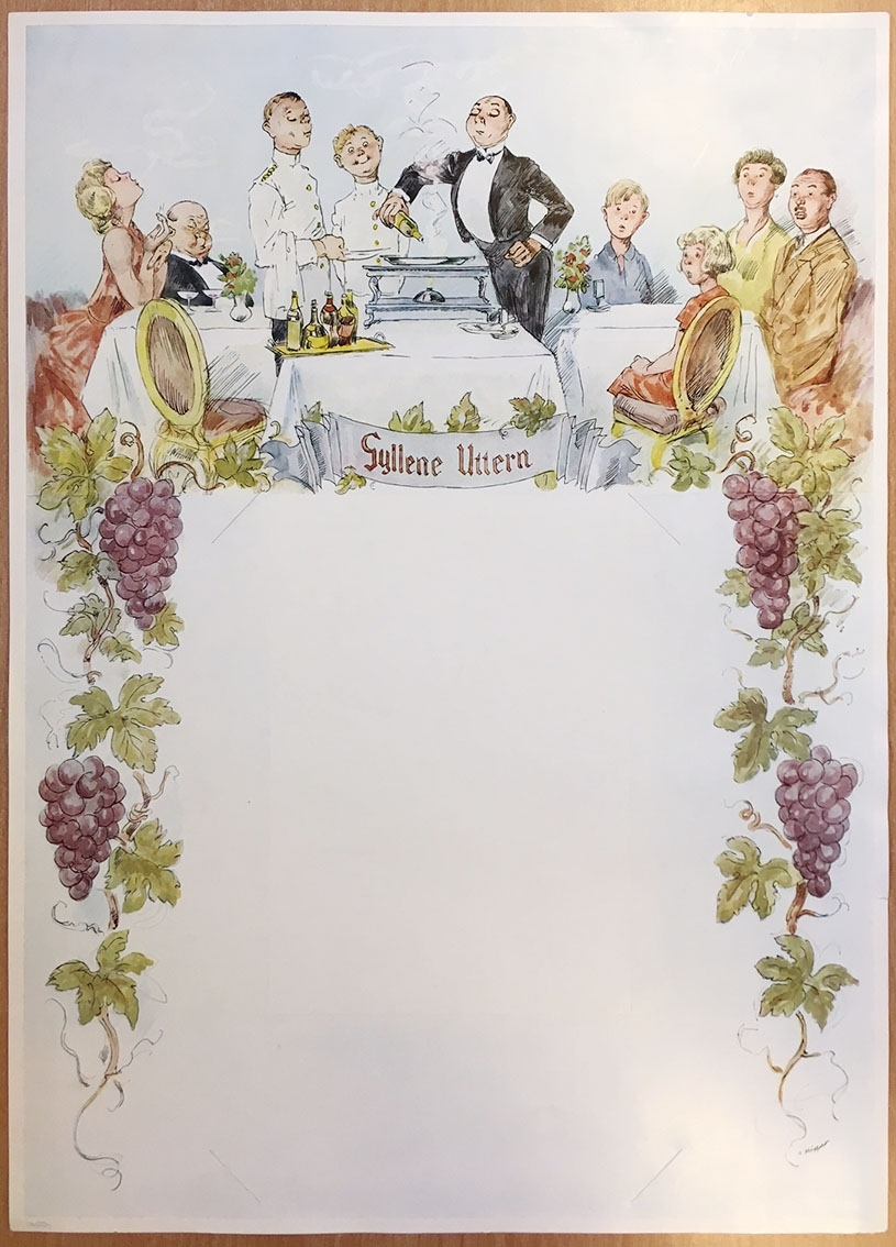 Två illustrerade ark på lite kraftigare papper med plats för att fästa en meny. Illustrerade med serveringspersonal, dukade bord med gäster i en humoristiskt ton, av Robert Högfeldt.