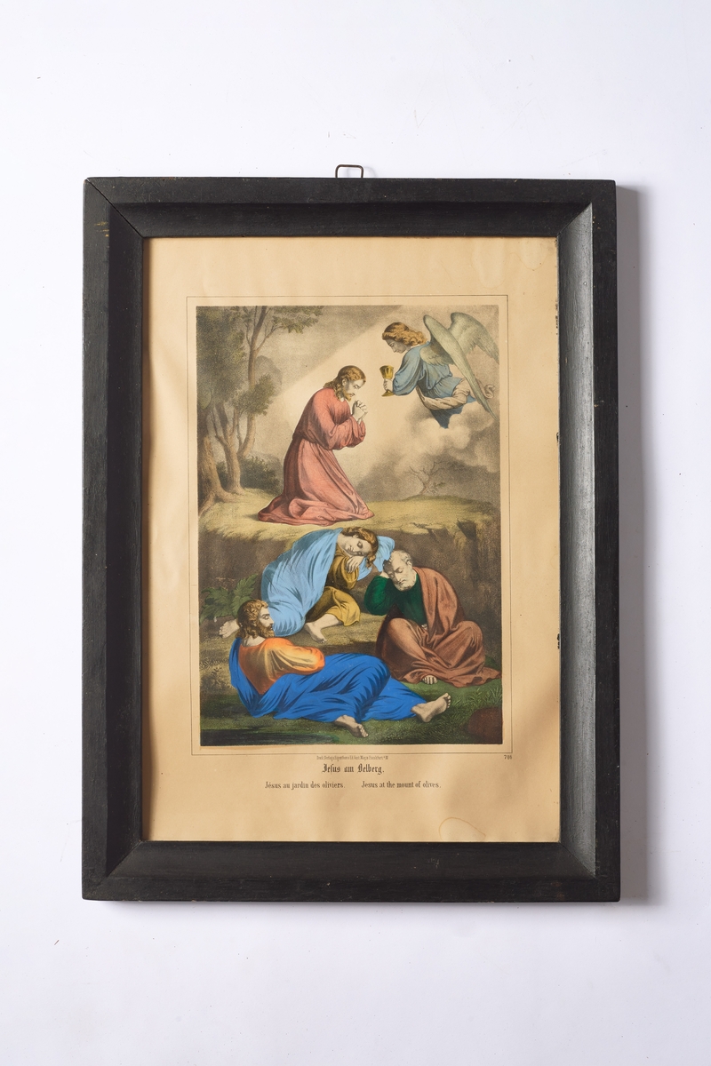 Fargelitografi som i forgrunnen viser tre apostler og bak Jesus en engel.