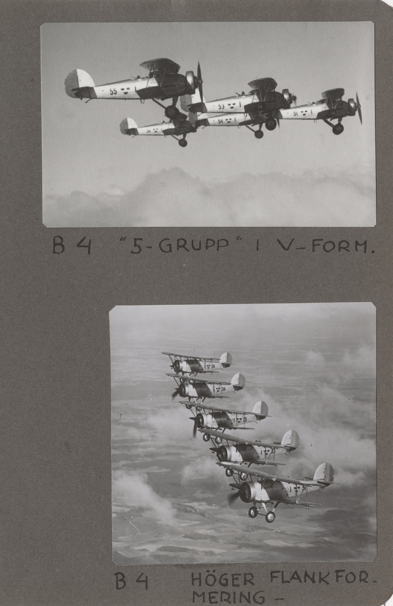 Fem flygplan B 4, Hawker Hart tillhörande F 1 Västmanlands flygflottilj flyger i formation. Lätta moln och landskap i bakgrunden. Flygplan märkta F 1-51, F 1-53, F 1-54, F 1-55 samt F 1-56. Flygbild snett uppifrån.


Text vid foto: "B 4 höger flankformering."