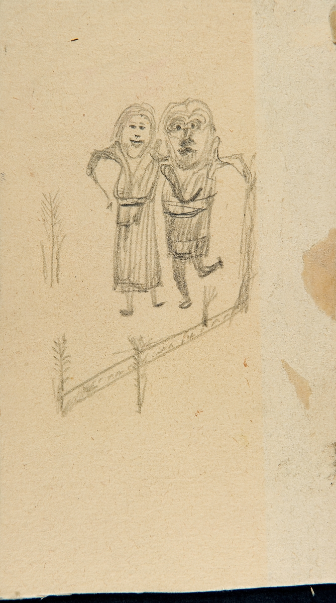 Teckning/skiss av Johan Turi, en man och en kvinna står leende intill varandra. L.A. 659, nr. 58. Torne lappmark. Jukkasjärvi socken. Talma sameby.