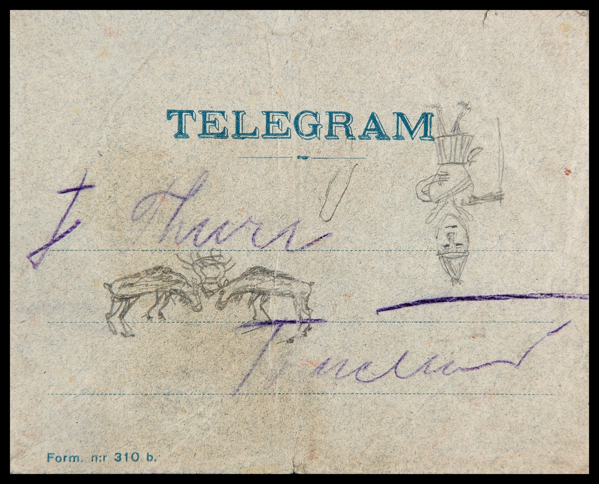 Teckning föreställande stångande renar och en samisk man av Johan Turi på ett telegram. L.A. 853 nr. 4. Torne lappmark. Jukkasjärvi socken. Talma sameby.