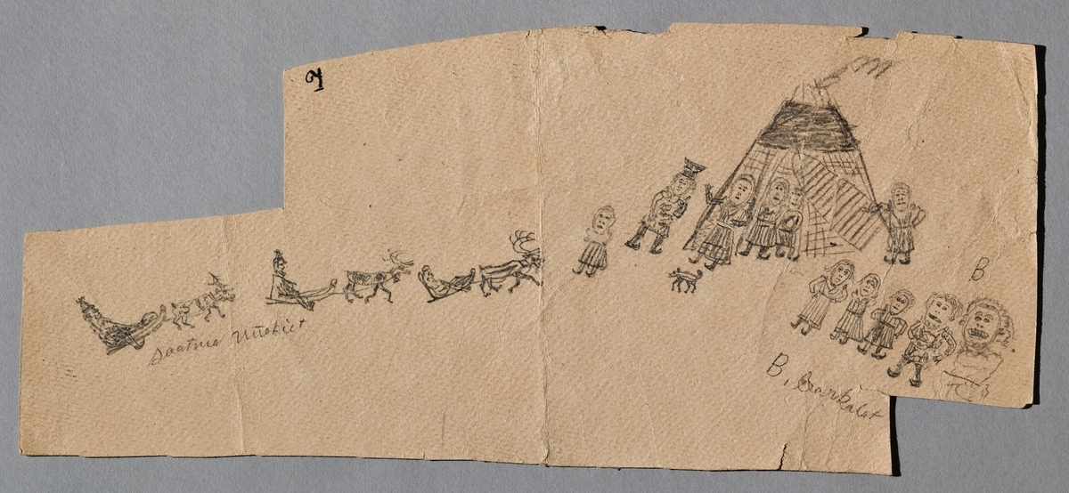 Teckning av Johan Turi. "Skilda lappmarker".  Människor utanför en kåta. Tre samer kommer i akjor dragna av renar. L.A. 874 nr. 10.