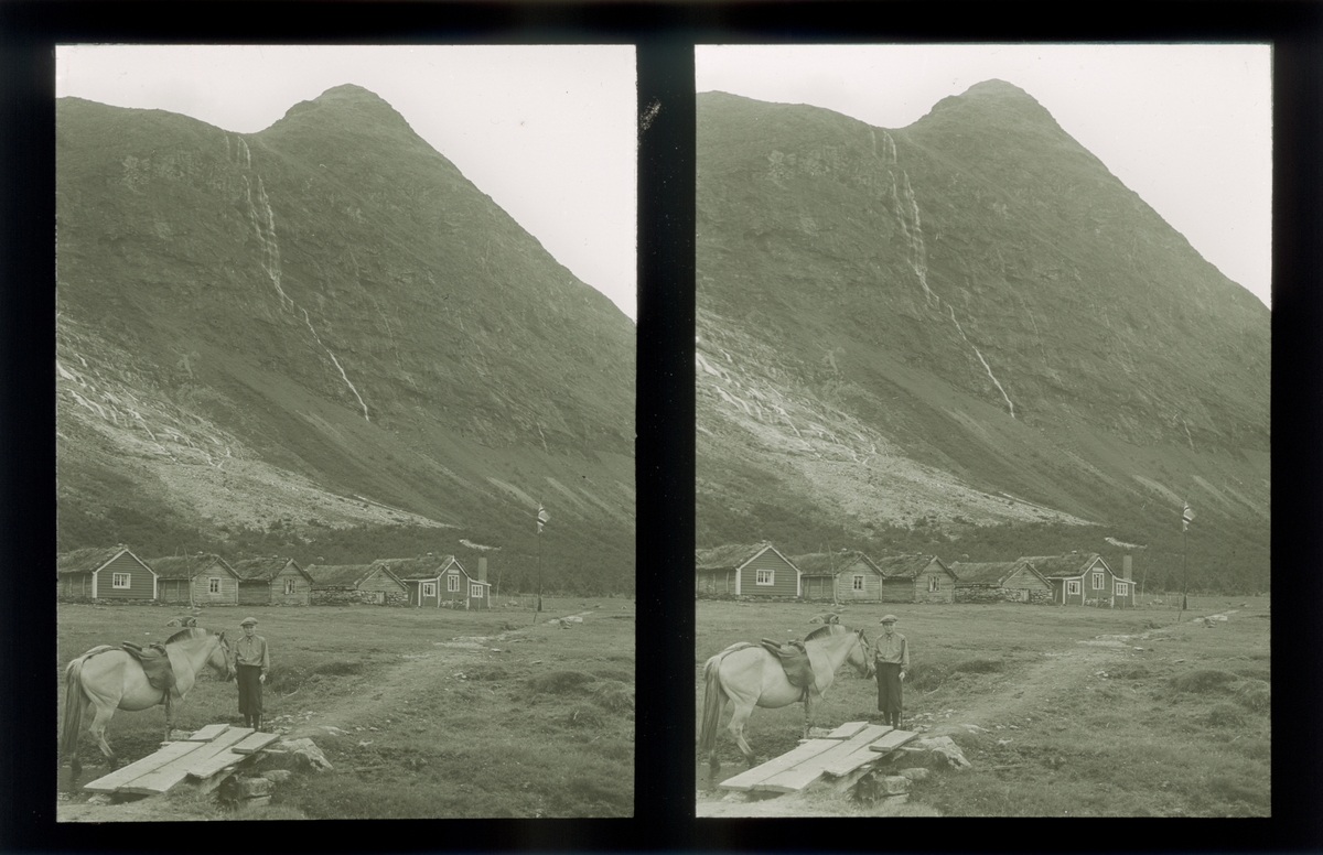 Seter, gutt og fjording. Bødal, dalføre i Nordfjord, Stryn, Tilhører Arkitekt Hans Grendahls samling av stereobilder.