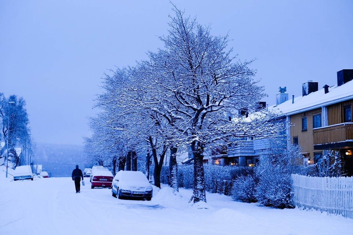 Finbekken eller Finnbekken. Søndagsstille by i mørketid. Snø i trærne. Foto: 4. januar 2015.