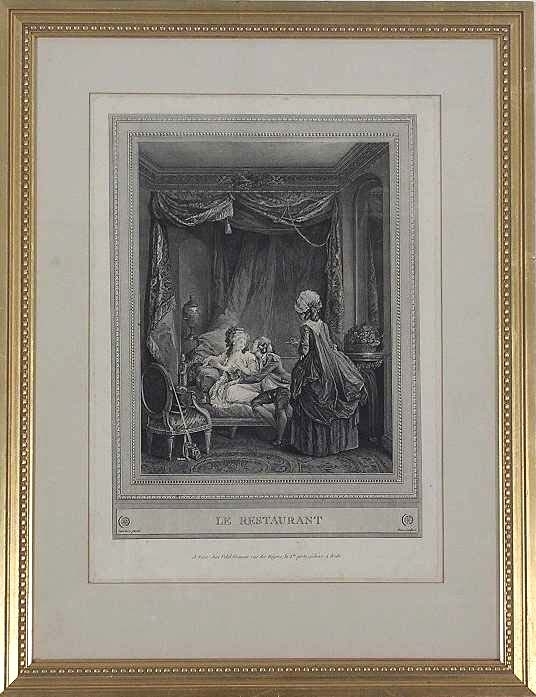 En herre uppvaktar en tedrickande dam som sitter uppkropen i en säng eller soffa. En tjänarinna kommer in med en kopp i hand till höger. Värjan står lutad mot en stol till vänster.