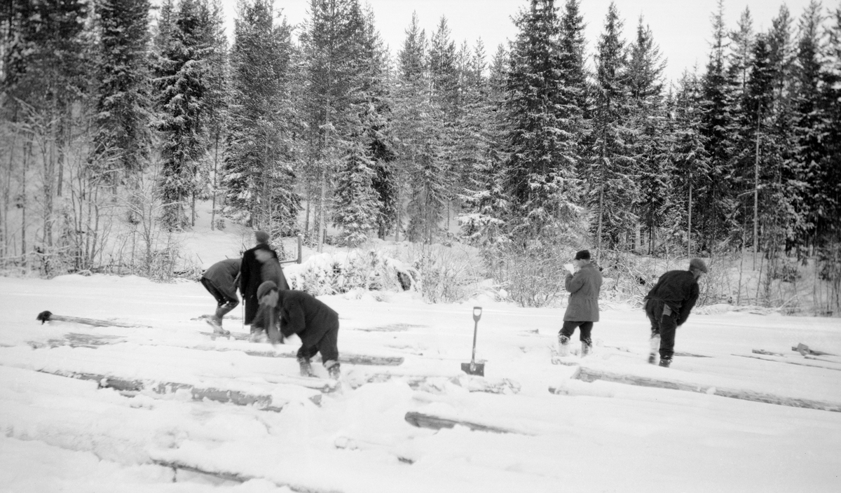 Tømmermåling ved Nabbsetbrua i Åmot i Hedmark i mars 1921. Fotografiet er tatt på ei snødekt flate, enten et engareal eller et islagt vassdrag. Her var tømmeret framkjørt med hest fra hogstteigene i skogen og lagt i såkalte «flakvelter». Flakene eller floene besto av tømmerstokker som var lagt parallelt og tett, i ett lag, vinkelrett på et par underlagsstokker. Dette var en ypperlig tilleggingsmåte i den forstand at tømmermålerne, som skulle besiktige, klassifisere, måle og merke leveransen, kunne få lett adgang til hver enkelt stokk. Her hadde det imidlertid kommet en god del snø etter at tømmeret ble lagt i flaker, før målerne kom. I slike tilfeller skulle helst snøen måkes eller sopes vekk før målinga kunne starte, noe som naturligvis var besværlig. På flata i forgrunnen arbeidet fem voksne menn og en unggutt med måling av tømmer.  Ei roko som sto i snøen sentralt på bildet viser at målerne her har hatt behov for å spa litt for å kunne utføre målinga. Mann nummer to fra høyre sto åpenbart og fører innformasjon om antall, dimensjoner og tømmerklasser inn i ei stikkbok.  I bakgrunnen en strand- eller elvebakke med ore- og granskog. Nabbsetbrua var et gardsbruk ved fløtingsvassdraget Julussa der det åpenbart må ha vært en velteplass for fløtingsvirke.