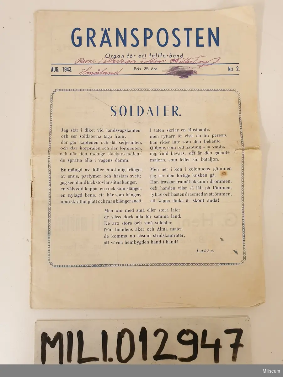 Tryckt soldattidning från 1943.