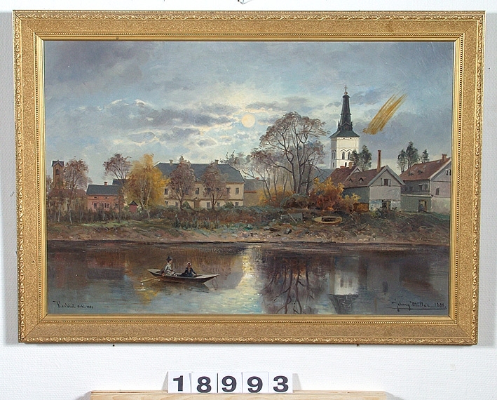 Karlstad.
Kyrkan och Biskopsgården sett  från älven. En båt med damer, en liten båt upplagd på land, byggnader både till höger och vänster på tavlan. (Information från huvudliggaren)