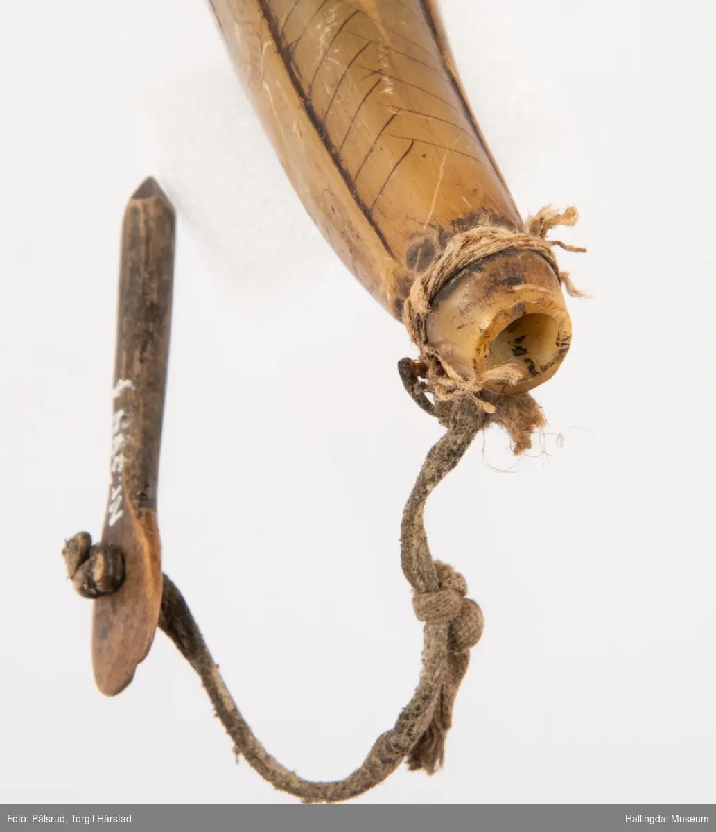 Krutthorn, kruttmål, haglhus og haglpung. 
Krutthornet er flatpresset horn med trebunn som er festet med små, runde treplugger. Den er dekorert med innrissede bånd- og blomstermotiv i tillegg til en innrisset fugl på hver side. Krutthornet har en trepropp som er festet med en lærreim og hyssing.
Haglpungen er av lær sydd sammen rundt kanten med grov hyssing. Denne pungen er lappet med en sirkelrund lærlapp på ene siden. En mangekantet tresylinder er festet i ene enden og fungerer som munnstykke. Mangler propp. 
Haglhuset er laget i tre med trepropp med spiker.
Kruttmåleren er antatt av horn med hull i den flate enden med påknytt lærreim som fester den med hornet, pungen og haglhuset.