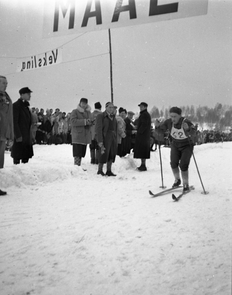 En skiløper med startnummer sekstito i full fart i løypa. Mange tilskuere sees i bakgrunnen.