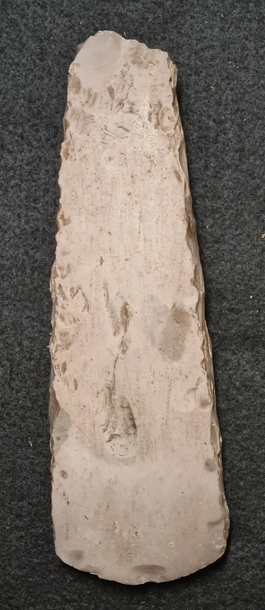 10 649: Lerdala socken, Västergötland, 1918.

Yxa flinta, tjocknackig, 1 st, gråfläckig. 4-sidig genomskärning. Slipade bredsidor och slagna smalsidor L. 16,8 cm, br. 5,4 cm.