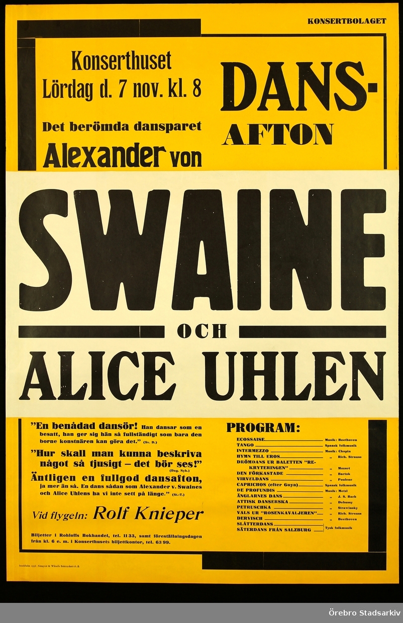 Dansare Alexander von Swaine, Dansös Alice Uhlen, Pianist Rolf Knieper