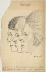 Karikatur / Selvportrett av Alfhild Lunde (i midten) med to 