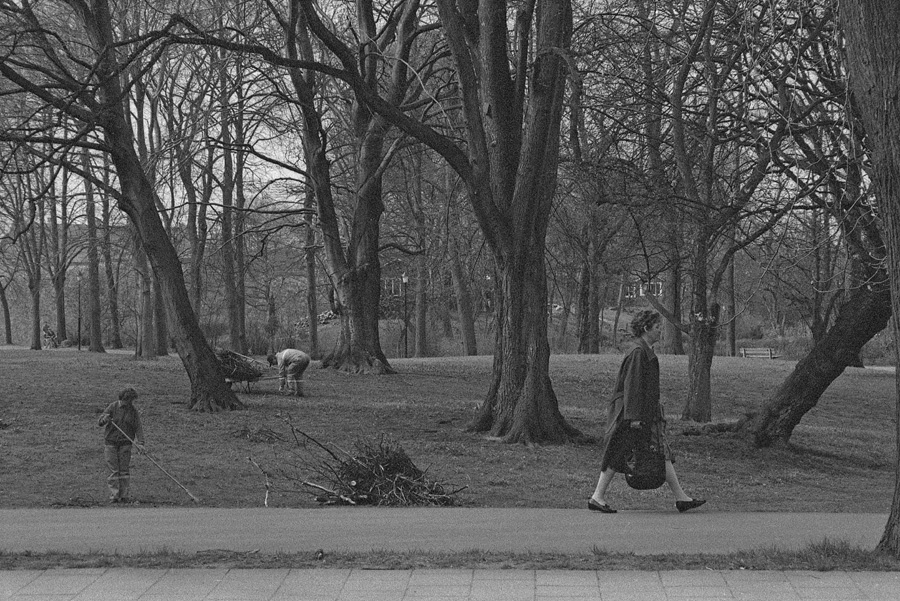 Parkarbetare som vårstädar i Slottsparken.