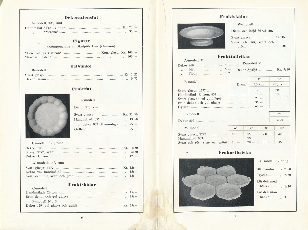 Produktkatalog, priskurant, över 1933 års produktion av keramik vid Aktiebolaget Gefle Porslinsfabrik.