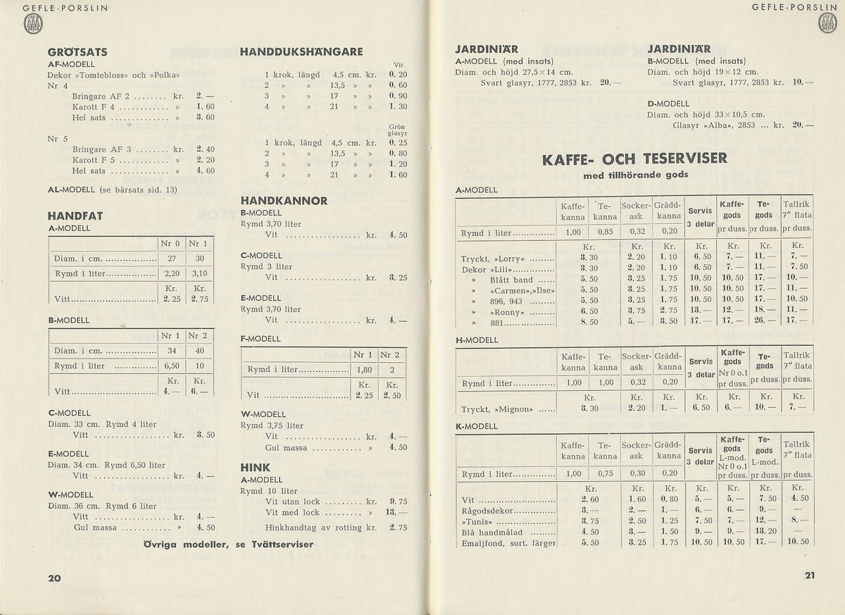 Produktkatalog, priskurant, över 1943 års produktion av keramik vid Aktiebolaget Gefle Porslinsfabrik. Prislista till huvudkatalogen 1939.