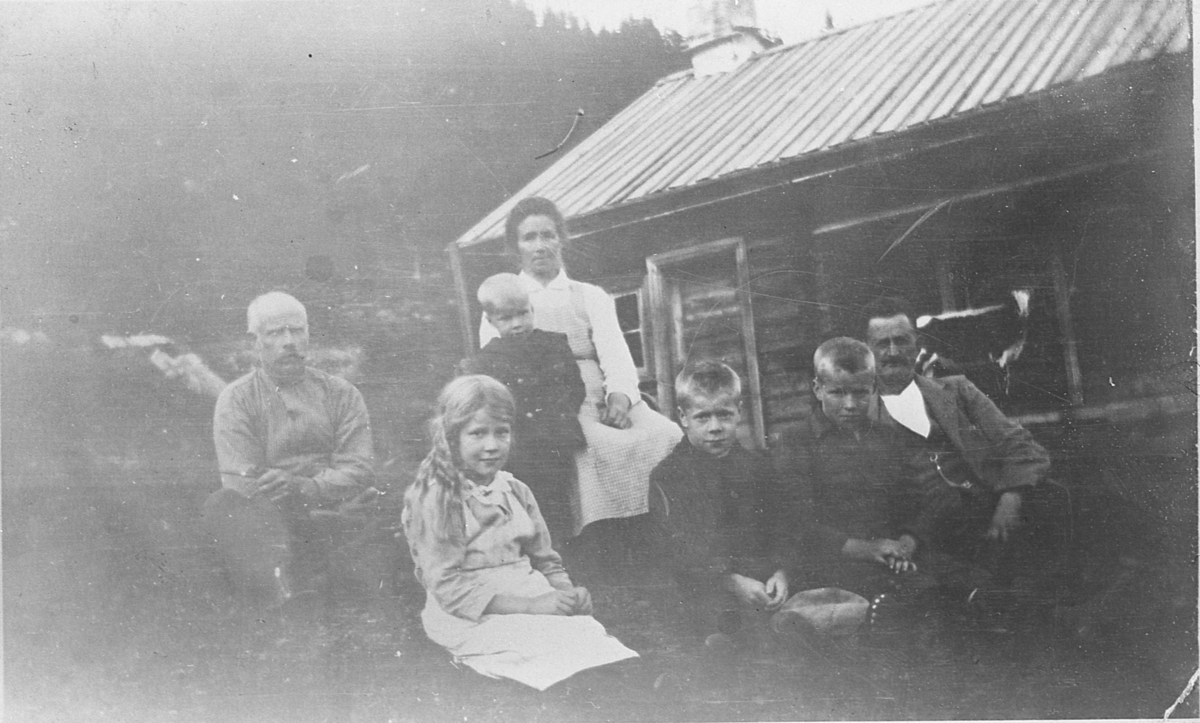 Voksne og barn på Halsteinrud, Nerdalsskogen, ca. 1919. 